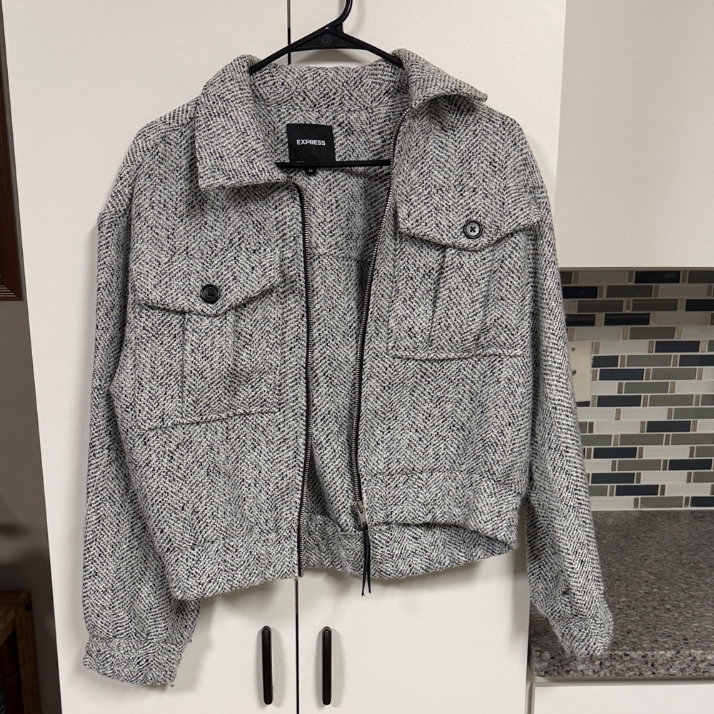 Express Gray Herringbone Zip-Up Jacket